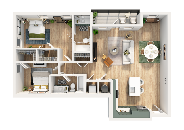 Modern 2D floor plan featuring two spacious bedrooms, an open living and dining area, elegant kitchen, two bathrooms, and a charming balcony space.