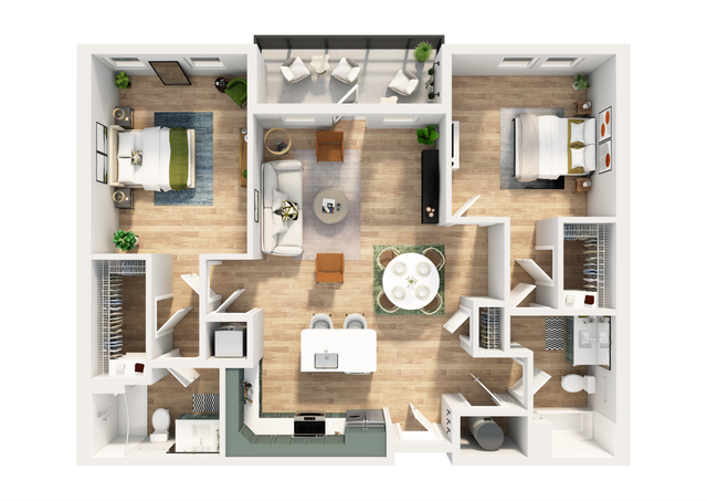 Chic apartment floor plan showcasing 2 bedrooms, open living area with balcony, modern kitchen, and dining space.