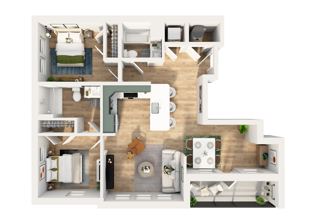 Modern 3D floor plan featuring two bedrooms, an open-concept kitchen with an island, a cozy living room, and a spacious dining area. Stylish design with natural light and contemporary layout.