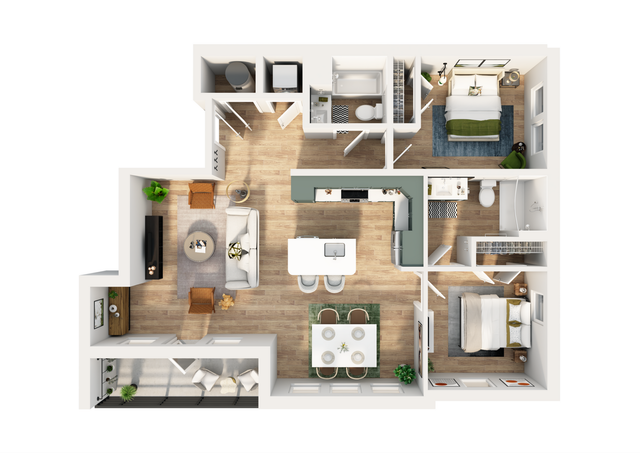 Elegant 3D floor plan featuring 2 bedrooms, modern kitchen, and spacious living area with natural light.