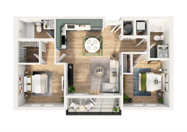 Inviting 2-bedroom apartment floor plan showcasing an open-concept living room with adjacent dining area, stylish kitchen, and two modern bathrooms.