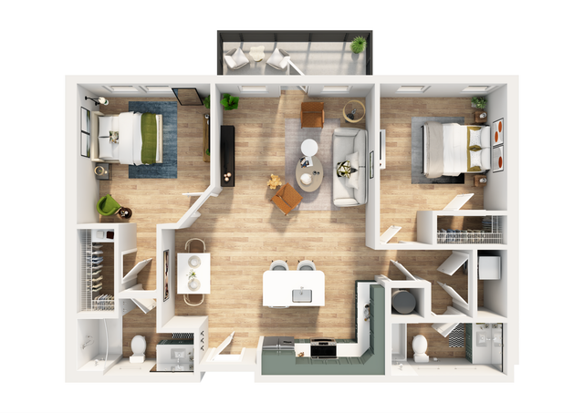 Chic apartment floor plan showcasing 2 bedrooms, open living space, modern kitchen, and private balcony.