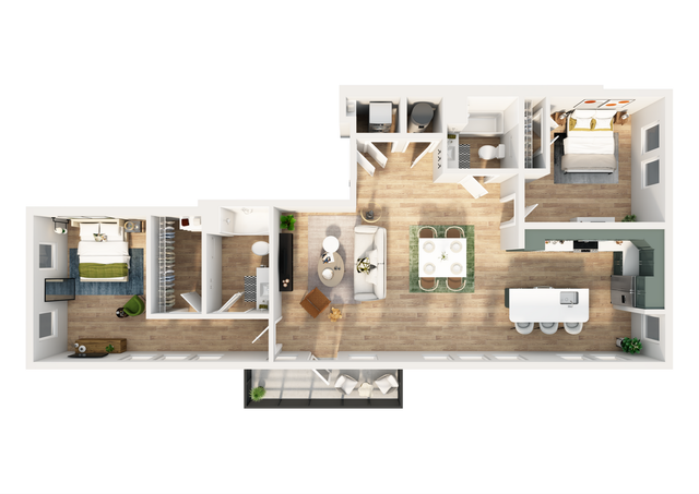 Modern 3D floor plan featuring two bedrooms, stylish open-concept living and dining area, and a sleek kitchen with island seating. Includes two bathrooms, closets, and a cozy balcony space.
