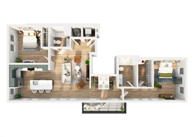 Elegant 3D floor plan illustrating a modern apartment with 2 spacious bedrooms, open-concept living and dining area, sleek kitchen, and large windows for natural light.
