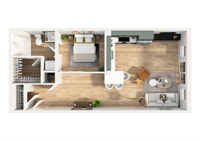 Chic and modern floor plan featuring a cozy bedroom, open-concept kitchen, and inviting living area with elegant wood flooring.