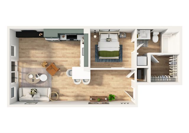 Modern 1-bedroom apartment floor plan with open kitchen, bright living area, cozy bedroom, and spacious bathroom with adjacent walk-in closet.