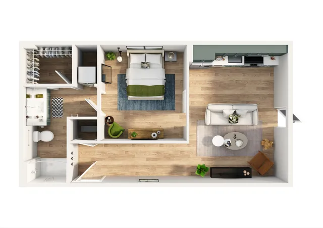 Modern 1-bedroom apartment floor plan with open-concept living room, sleek kitchen, cozy bedroom, and stylish bathroom.