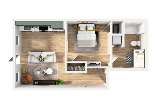 Chic 1-bedroom apartment with open-concept living room and modern kitchen, featuring contemporary design and a cozy bathroom.