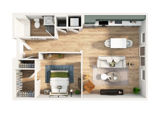 Chic studio floor plan showcasing a spacious open living area, modern kitchen, and stylish bedroom with ample storage.