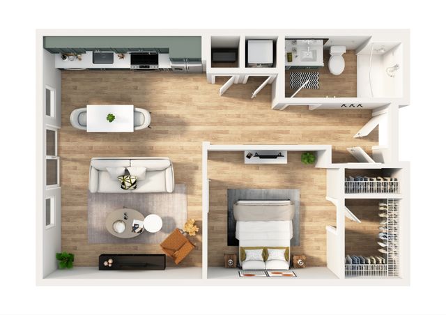 Modern open-concept apartment floor plan featuring a spacious bedroom, sleek kitchen, cozy living area, and elegant bathroom. Warm wood flooring adds a touch of luxury.