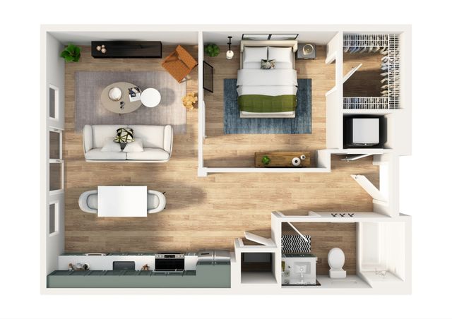 Modern 1-bedroom apartment floor plan featuring open-concept kitchen, cozy living area, and sleek bathroom, perfect for stylish urban living.