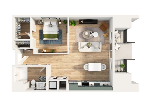 Modern open-concept floor plan showcasing a spacious bedroom, cozy living area, sleek kitchen, and a private balcony.
