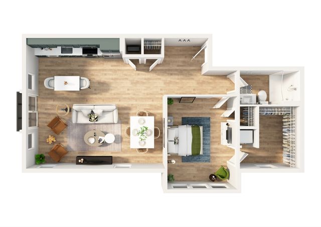 Modern open-concept floor plan with spacious living room, sleek kitchen, cozy bedroom, and stylish bathroom. Perfect blend of functionality and elegance.
