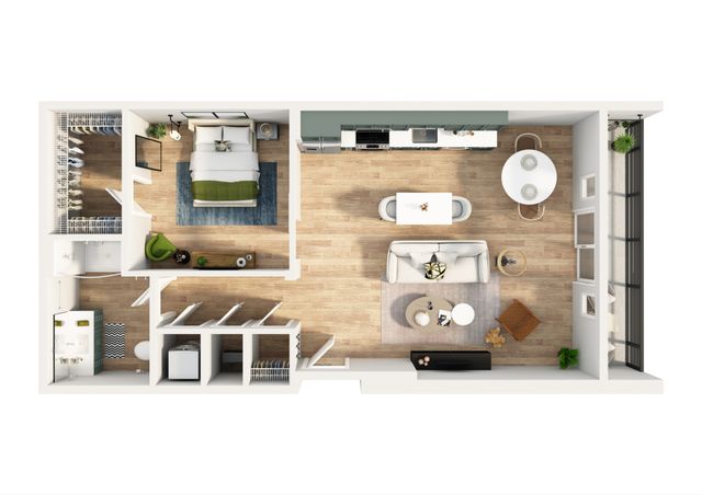 Contemporary apartment floor plan featuring one bedroom, a cozy living room, modern kitchen, and dining area, with stylish wood flooring and efficient layout.