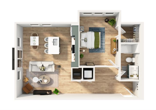Modern and inviting 2D floor plan featuring a cozy bedroom, sleek bathroom, and open-concept kitchen with dining area, connected to a stylish living room with abundant natural light.