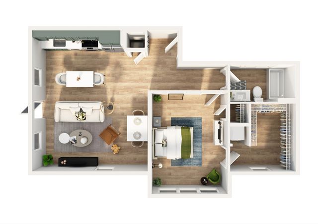 Bright and modern open-concept apartment floor plan featuring 1 bedroom, a spacious living area, sleek kitchen, and a stylish bathroom. Ideal for chic urban living.