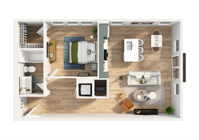 Bright and modern floor plan showcasing a one-bedroom layout with an open kitchen, cozy living area, and stylish bathroom.