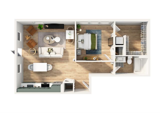 Modern 2D floor plan showcasing an open-concept living area, cozy bedroom, and sleek kitchen with abundant natural light.