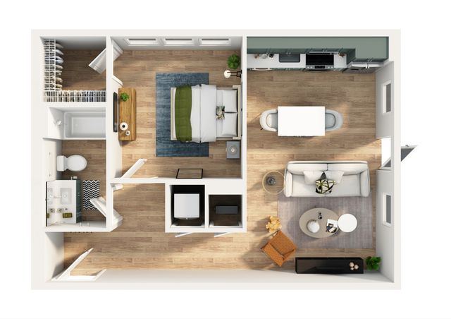 Elegant 3D floor plan featuring one bedroom, modern kitchen, cozy living room, and stylish bathroom, offering a contemporary open-layout design.