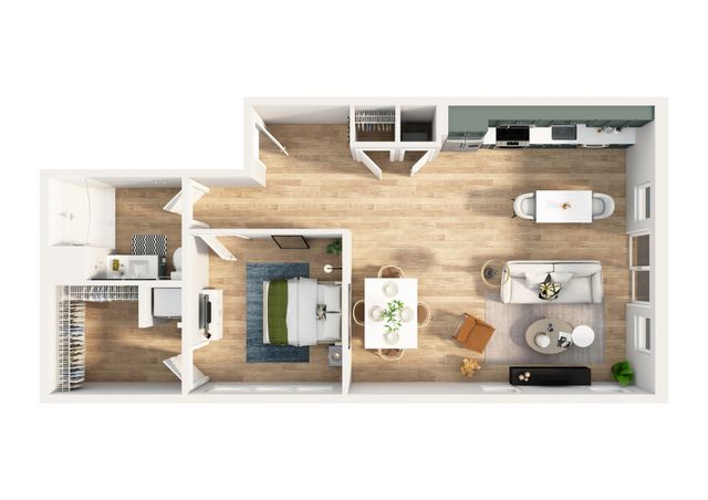 Modern floor plan showcasing one-bedroom layout with open-concept living and dining area, sleek kitchen, and spacious wardrobe. Perfect for stylish urban living.