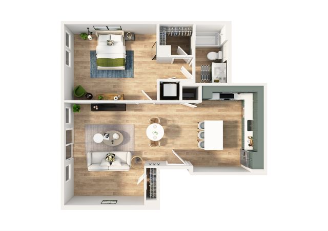 Modern 2D floor plan showcasing a spacious bedroom, open-concept living and dining areas, and a sleek kitchen layout.