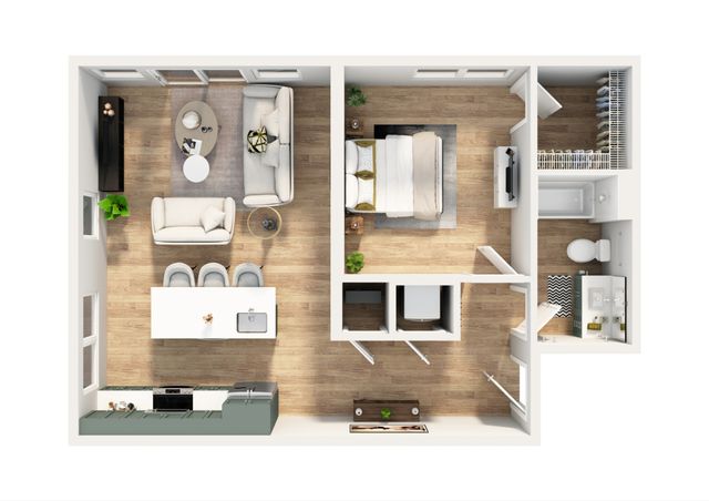 Elegant floor plan showcasing a modern one-bedroom apartment with an open-concept living and kitchen area, stylish bathroom, and ample closet space.