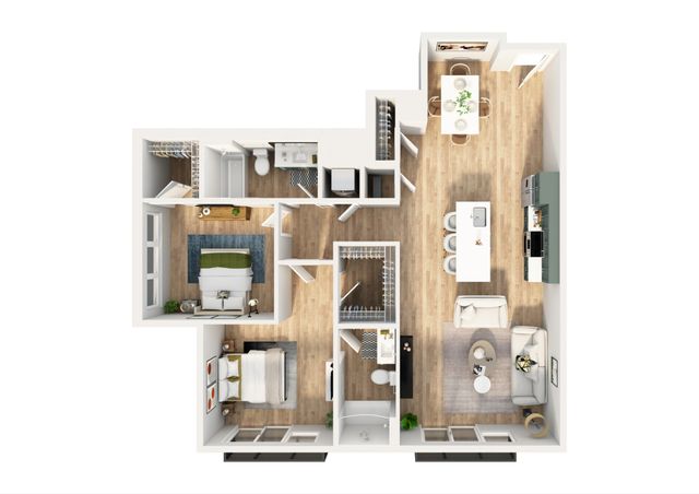 Modern 2-bedroom apartment floor plan with an open-concept kitchen and living area, spacious closets, and stylish dining space.