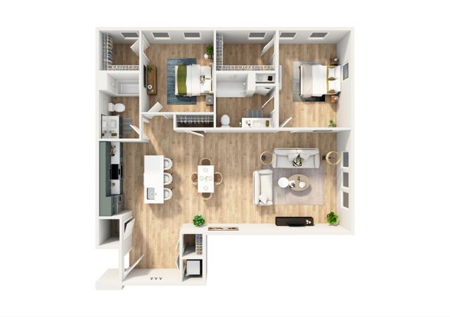 Modern 3D floor plan showcasing 2 spacious bedrooms, a stylish open kitchen with an island, and a comfortable living area with elegant furnishings.