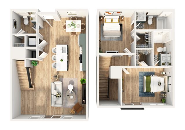 Modern two-story floor plan featuring an open-concept living and dining area, sleek kitchen with island, two spacious bedrooms, and two bathrooms, perfect for stylish urban living.