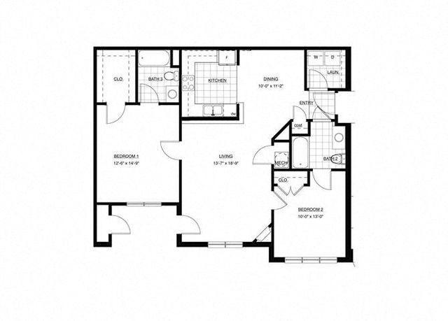 Modern floor plan featuring 2 spacious bedrooms, an inviting open-concept living and dining area, a sleek kitchen, and 2 bathrooms, perfect for comfortable urban living.