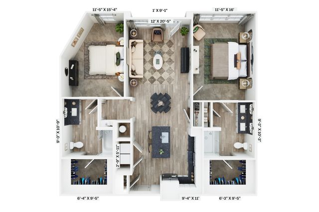 Modern 3D floor plan showcasing 2 spacious bedrooms, luxurious open-plan kitchen and living area, stylish bathrooms, and ample closet space.