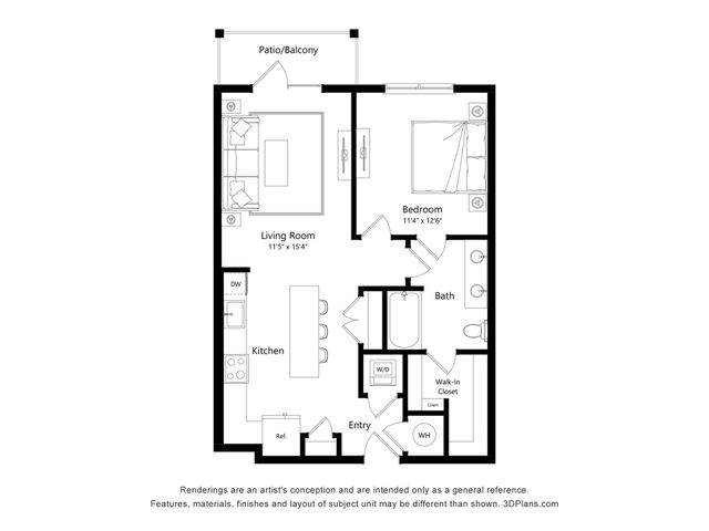 Charming 1-bedroom apartment floor plan with spacious living room, modern kitchen, and cozy patio. Features include a walk-in closet and full bath.