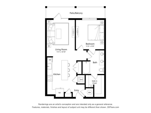 Chic floor plan featuring a spacious living room, modern kitchen, one bedroom, luxurious bath, and private balcony.