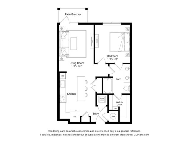 Elegant 1-bedroom floor plan with spacious living room, modern kitchen, and private patio/balcony.
