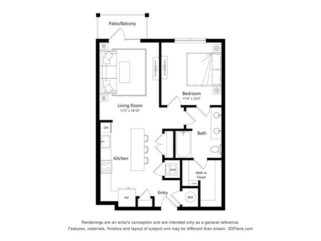 Contemporary 1-bedroom floor plan with a spacious living room, modern kitchen, and private patio/balcony.