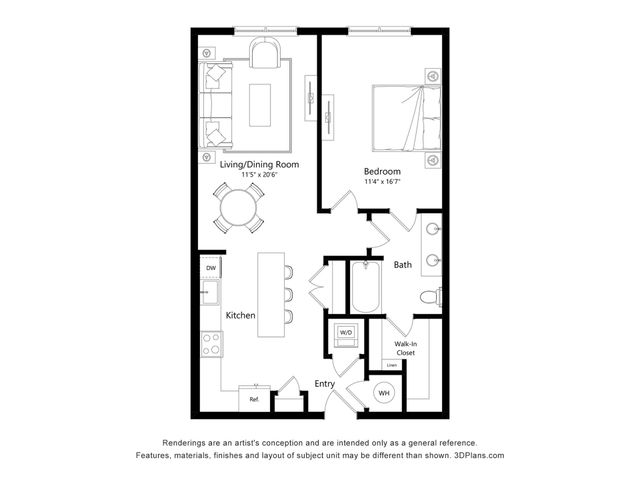 Modern 1-bedroom apartment floor plan with spacious living/dining room, well-equipped kitchen, and luxurious bath featuring a walk-in closet.