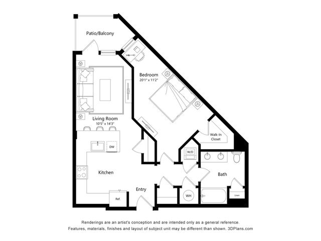 Modern 1-bedroom apartment floor plan featuring a spacious living room, open kitchen, large walk-in closet, and private patio/balcony.