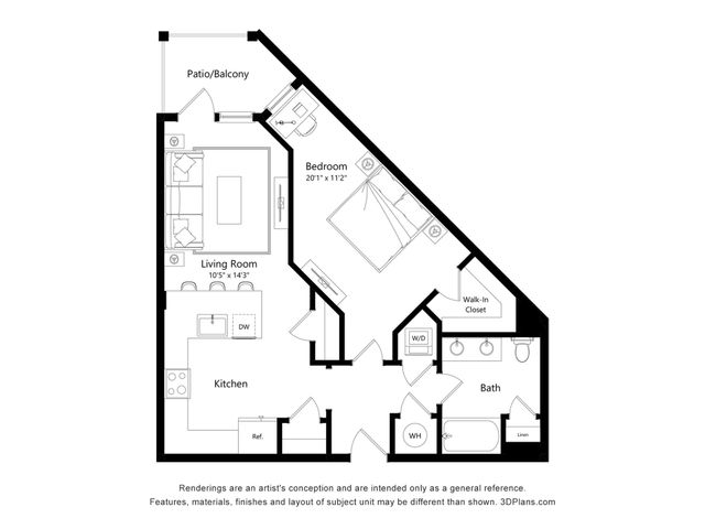 Contemporary floor plan showcasing a spacious 1-bedroom apartment with a modern kitchen, inviting living room, and private patio/balcony. Features include a large walk-in closet and convenient in-unit washer/dryer.