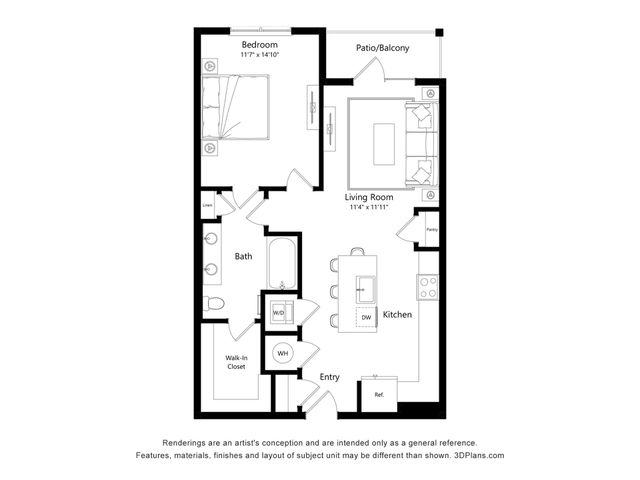 Modern 1-bedroom apartment floor plan featuring an open-concept living room, kitchen with island, and private patio/balcony.