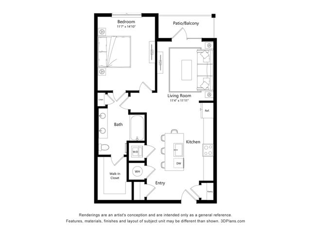 Elegant floor plan showcasing a spacious 1-bedroom apartment with an open layout, featuring a modern kitchen, cozy living room, and private patio/balcony.