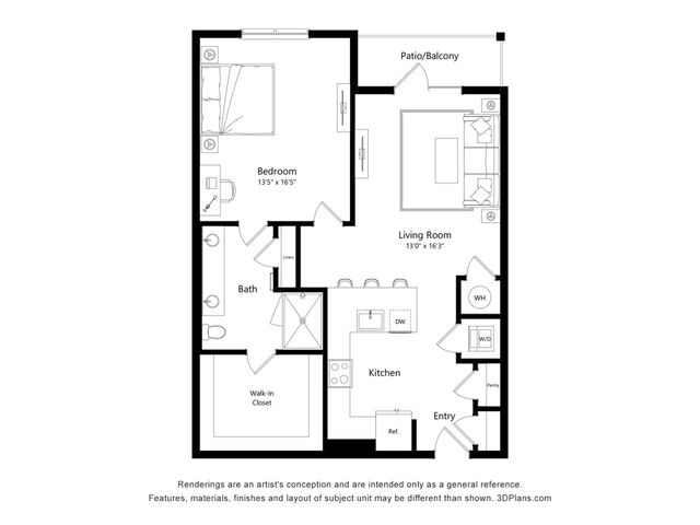 Modern floor plan featuring a spacious bedroom, cozy living room with patio access, sleek kitchen, and bathroom adjacent to a walk-in closet.