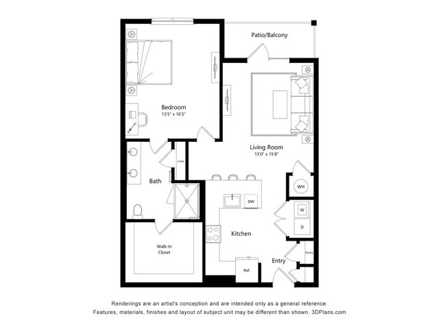 Chic floor plan showcasing a spacious 1-bedroom apartment with a stylish living room opening to a patio, modern kitchen with island, walk-in closet, and convenient bathroom layout.