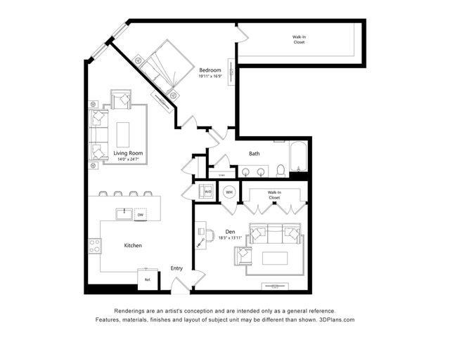 Elegant floor plan with 1 bedroom, spacious living room, modern kitchen, and cozy den. Features include two walk-in closets and a stylish bath.