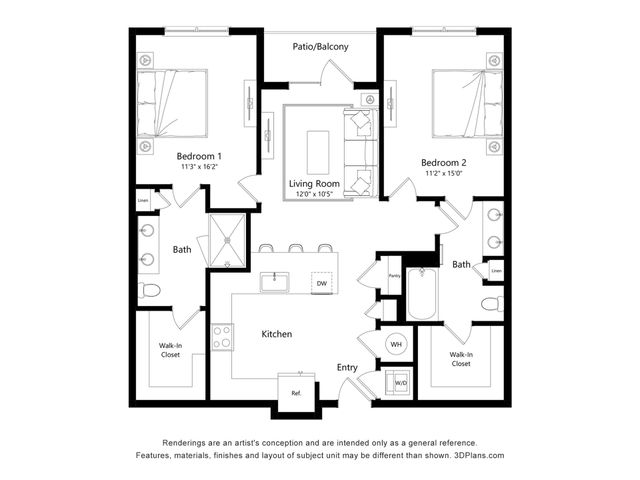 Modern floor plan with two spacious bedrooms, a bright living room, and a sleek kitchen, complete with two baths and a patio balcony.