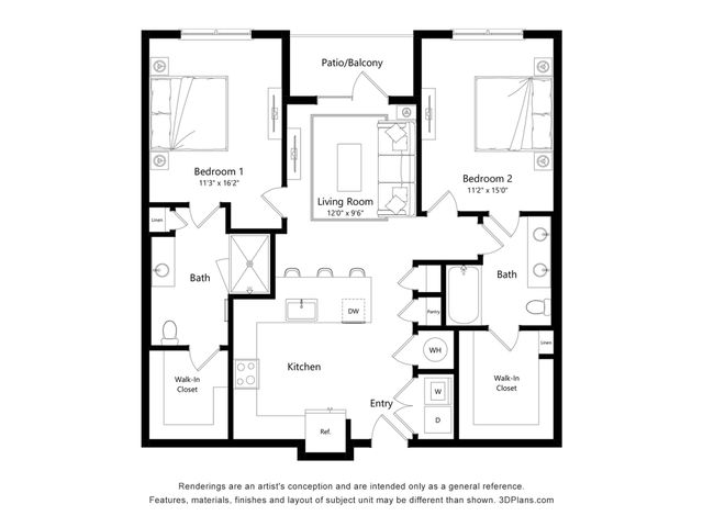 Elegant floor plan showcasing 2 spacious bedrooms, modern open-concept living room, gourmet kitchen, and relaxing patio balcony.
