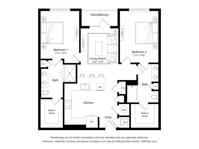 Modern 2D floor plan showcasing 2 bedrooms, spacious kitchen with island, open living room, and patio. Includes walk-in closets and two bathrooms for ultimate convenience.
