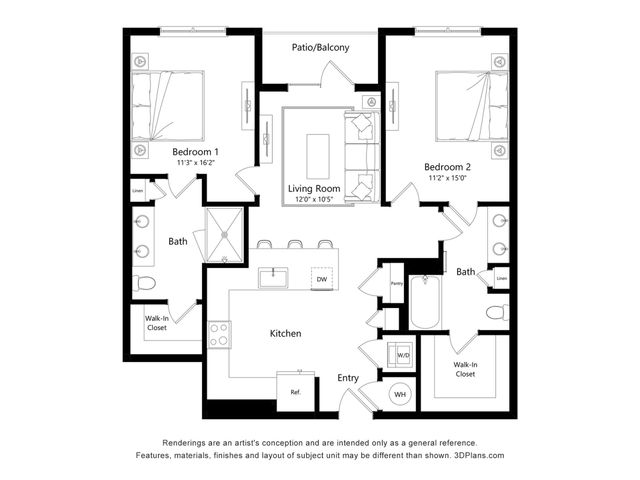 Modern 2D floor plan showcasing 2 bedrooms, each with en-suite baths and walk-in closets, expansive kitchen, and cozy living room with access to a patio, ideal for comfort and style.