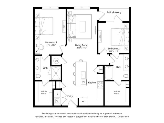 Charming floor plan showcasing 2 spacious bedrooms, open living room, modern kitchen, and inviting patio/balcony.