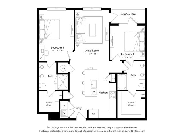 Modern apartment floor plan showcasing a spacious living room, 2 bedrooms with walk-in closets, 2 bathrooms, a sleek kitchen, and a cozy patio/balcony.