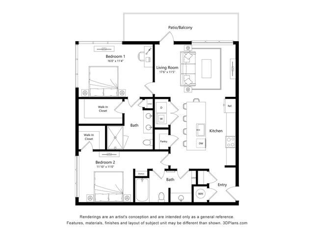 Chic apartment floor plan showcasing 2 bedrooms with walk-in closets, an open living room, modern kitchen with island, and a balcony for outdoor relaxation.